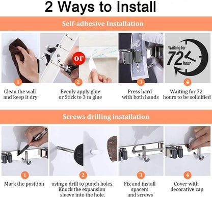 Mop and Broom Holder, 4 Positions 5 Hooks Heavy Duty Mop Hanger Wall Mounted Stainless Steel Organizer for Home Laundry Bathroom, Garage Storage Systems Utility Tools Rack