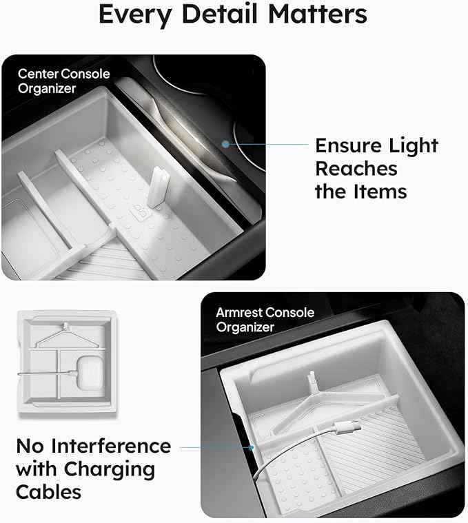 Wigoo Center Console Organizer for Tesla Model Y Juniper (Only Premium & Performance 2025 2026) and All Model 3 Highland Accessories [Double-Layer Storage, Smooth Sliding] 4PCS White