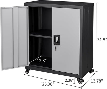 LUCYPAL Metal Storage Cabinet with 2 Doors,Steel Storage Cabinet with Adjustable Shelves and Wheels,Locking Tool Cabinets for Office,Home,Garage,Black&Grey 31.5" H