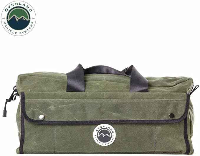 Overland Vehicle Systems Small Duffle Bag With Handle And Straps - #16 Waxed Canvas - Infused with Paraffin Wax Waterproofing - Tear Resistant Fabric