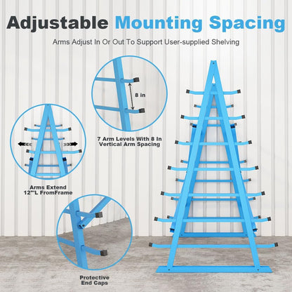 Yeeoy Steel Horizontal Storage Rack, 7 Tier Detachable Lumber Storage Rack, Heavy Duty Adjustable Pipe Rack Lumber Organizer Shelf for Garage Workshop Shed Basement, Blue