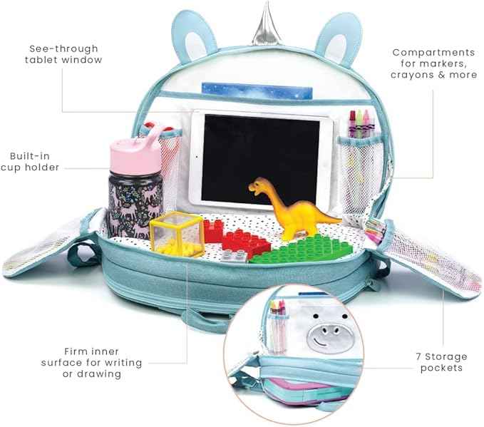Lulyboo Unicorn Toddler Car Seat Tray & Backpack | Kids Travel Lap Desk with Writing Surface, Built-in Cup Holder, 8 Pockets, Tablet Holder, Waterproof & Portable for Car, Airplane, and On-the-Go