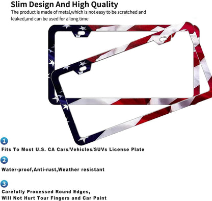 2Pack US Flag License Plate Frames- Heavy Duty Rustproof Flag License Plate Tag Holder Bracket Fits All US States with Screws Included