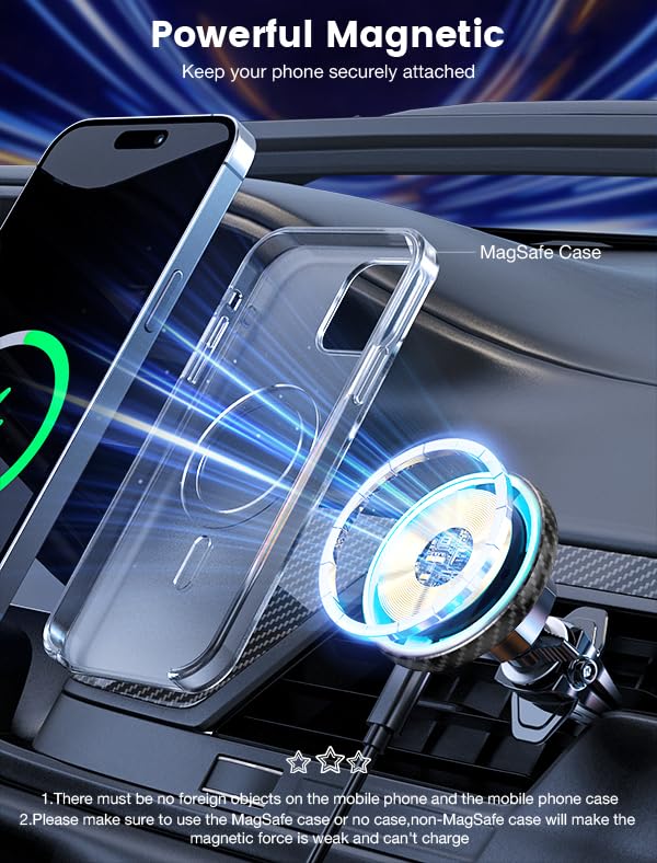 for Magsafe Car Mount Charger 15W LED RGB Car Phone Holder for Dash Vent