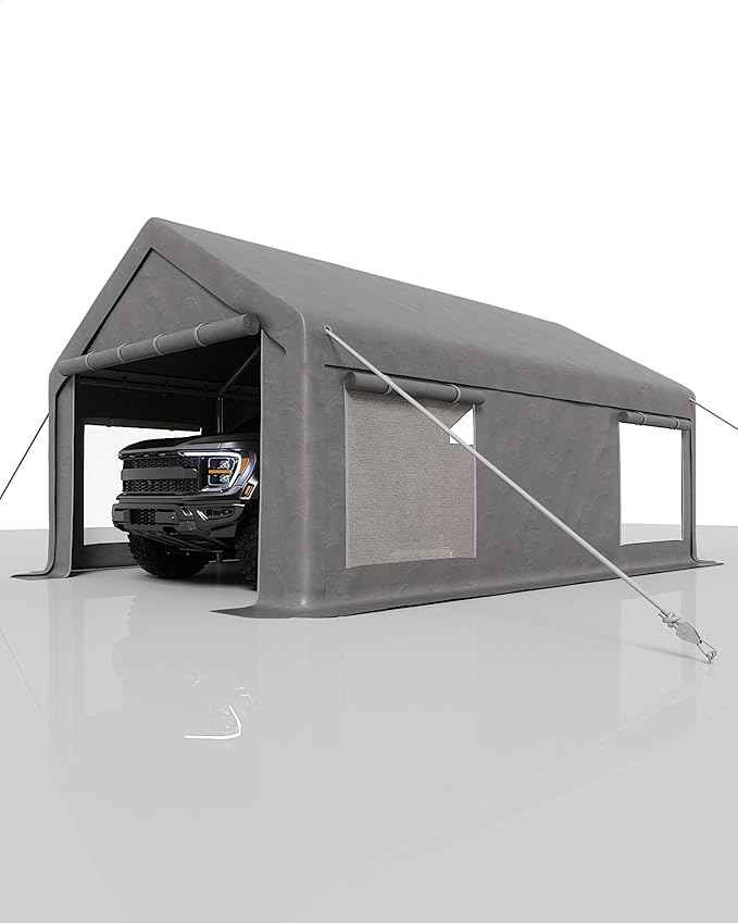 GarveeLife 10x20 ft Portable Garage, Car Port with 200 g PE Tarp Cover, with Front & Rear Roll-Up Doors and 4 Windows, for Temporary Paint Booth, Boats&Pickups Shed, and Event Shelter, Gray