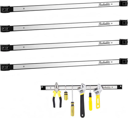 4 Pieces 24" Magnetic Tool Holder Strip, Stainless Steel Surface Tool Magnet Bar, Metal Tool Organizer Rack for Garage Organization, Easy To Install in Workshop, Mounting Screws Included