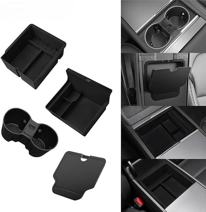GGCLIMAX Car Organizer Center Console Hidden Storage Box Compatible with Tesla Model 3 Highland 2024 Compatible with Model Y Juniper 2025 Front and Rear Armrest Organizer With Push-Pull Design(3PCS)