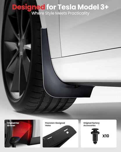 REEVAA 2026 Tesla Model 3 Highland Accessories - Mud Flaps [Protect Paint, No Drilling Required] All-Weather Splash Guard Body Kits for Model 3 Highland 2024-2026, Black (Set of 4)
