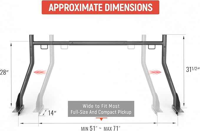AA-Racks Model X31-J Truck Ladder Rack 800Ibs Capacity with (8) Non-Drilling Z-Clamps Extendable Steel Pick-Up Truck Bed Ladder Rack Two-bar Set - Black
