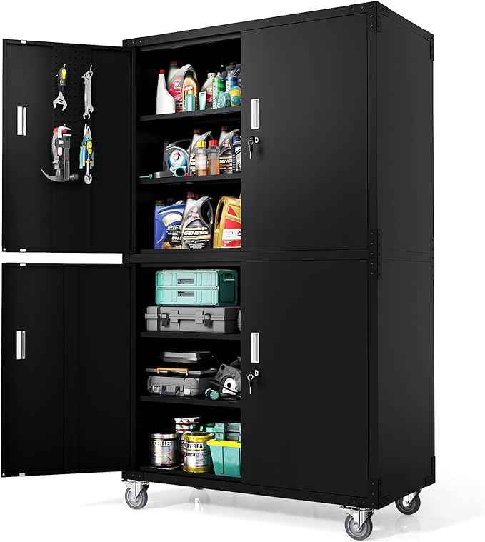 VINGLI Large Garage Storage Cabinet with 4 Doors, Upgraded Height & Wide & Deep, 43''W x 23''D x 75''H, Oversized Metal Storage Cabinet with Pegboards Wheels Locks and Adjustable Shelves (Black)