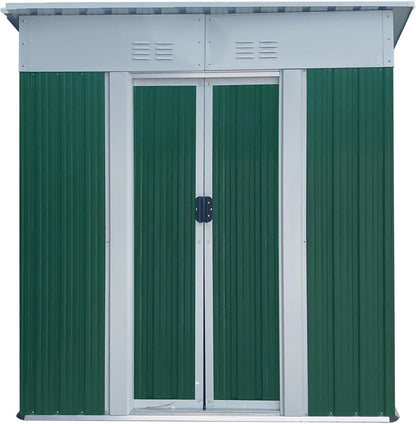 5x3 FT Outdoor Storage Shed with Sloping Roof, Waterproof Metal Garden Sheds w/Lockable Sliding Doors and Vents, Weather Resistant Tool Storage House for Backyard, Patio, Lawn, Green
