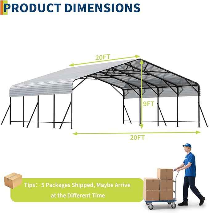 20x20x9FT Metal Carport, Oversized Metal Garage with Steel Frame for All Weather, Heavy Duty Carports, for Car, Boats and Tractor