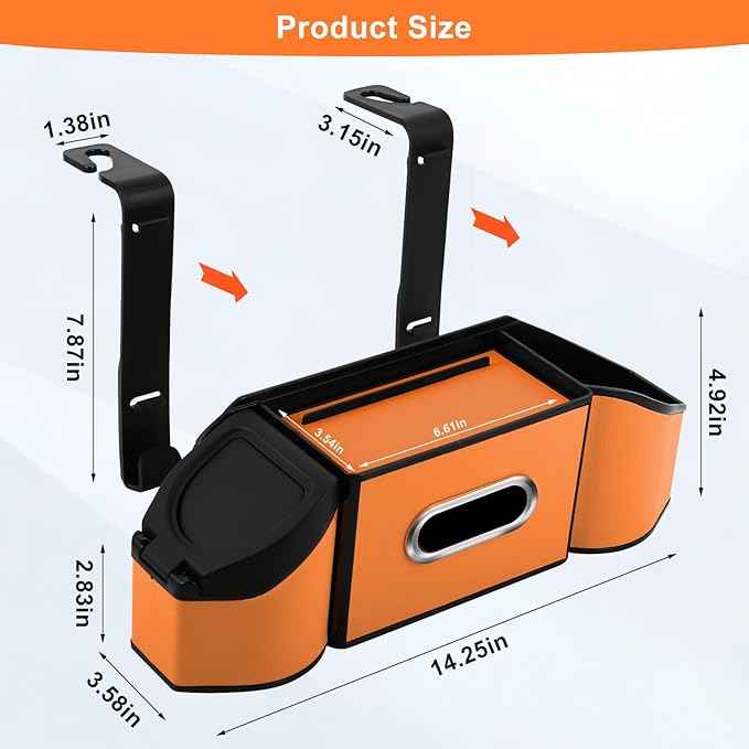 7-In-1 Car Seat Back Organizer with Cup Holders, Tissue Box, Garbage Can&Hooks, Multifunctional Headrest Storage Organizer, Headrest Cup Holder for Backseat, Car Accessories for Trips, Travels(Orange)