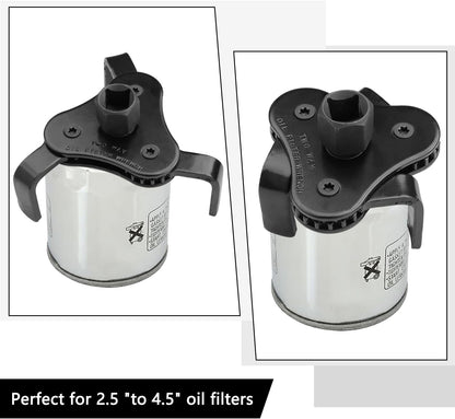 Universal Adjustable Oil Filter Wrench, Carbon Steel, Black, 1/2 & 3/8 Inch Square Drive Socket, 3-Jaw & 2-Way Design