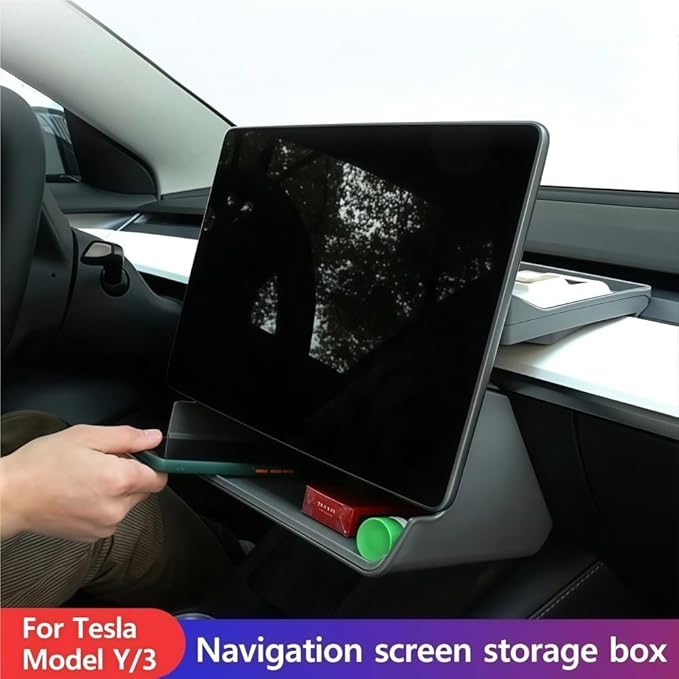 GGCLIMAX Under Screen Storage Organizer Compatible with Tesla Model 3/Y Over Center Console Display Tray ABS+TPE Storage Box with Anti-Skid Design Black/Grey, Dual/Single Storage(Grey Single storage)
