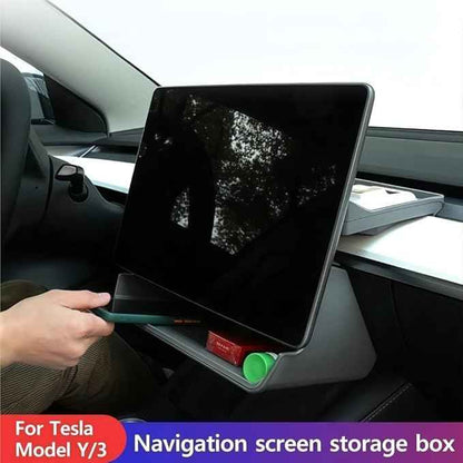 GGCLIMAX Under Screen Storage Organizer Compatible with Tesla Model 3/Y Over Center Console Display Tray ABS+TPE Storage Box with Anti-Skid Design Black/Grey, Dual/Single Storage(Black Single storage)