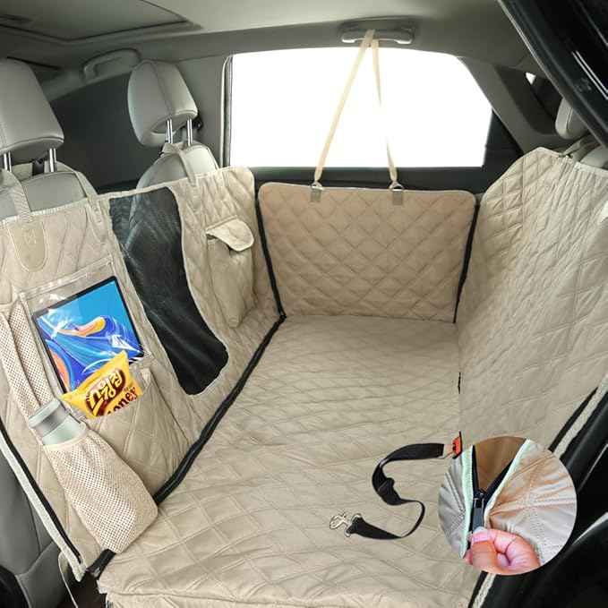 Dog Car Seat Cover for Back Seat, Dog Hammock for Car, Waterproof Backseat Cover for Dogs in Car SUV & Truck, with Mesh Window and Multiple Pockets
