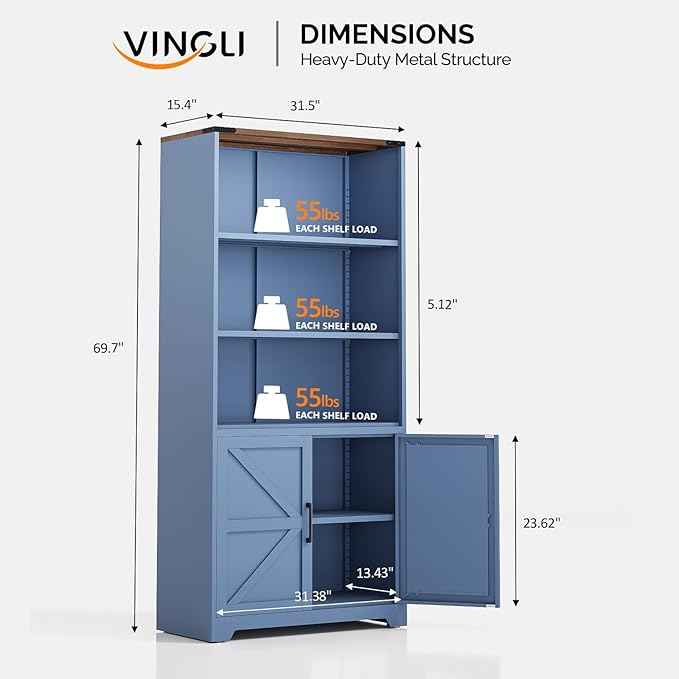 VINGLI Blue Bookcase with Doors and Adjustable Shelves, Steel 70" Tall Bookshelf Display Cabinet, 6-Tier Tall Farmhouse Metal Storage Cabinet for Study, Living Room, Home Office, Kitchen Pantry