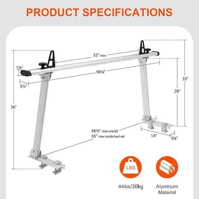 Rockland Adjustable Universal Aluminum Truck Ladder Rack, 800 LBS Capacity, 13.7" x 66.5" x 28", 45"-66" Adjustable Truck Bed Width, Extendable Truck Ladder Rack with Non Drilling C-Clamps