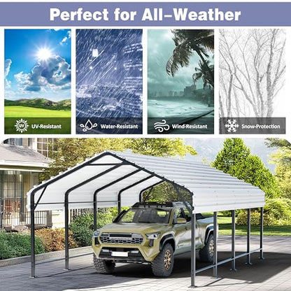 JY QAQA 12 x 20 FT Heavy Duty Metal Carport Canopy with Galvanized Steel Roof