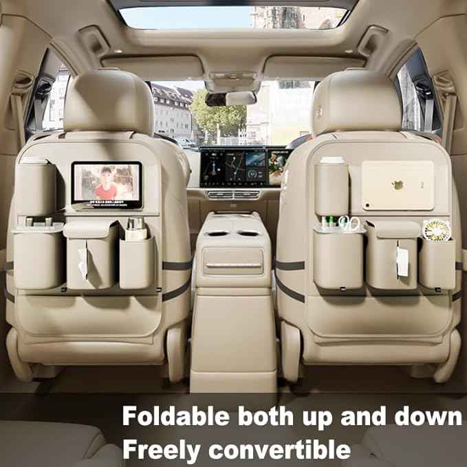 GMQ Backseat Car Organizer with Touch Screen,Protectors Kick Mats Travel Accessories for Kids,Multifunctional Seat Back Organizer Car Travel Organizer Accessories (Beige, 2PCS)