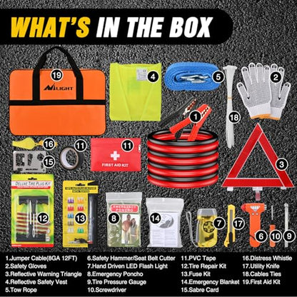Car Roadside Emergency Kit with Jumper Cables Tow Rope
