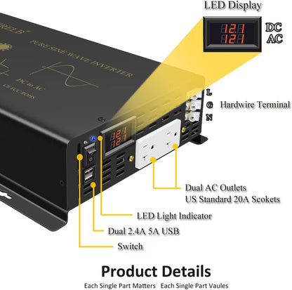 WZRELB 2500W Pure Sine Wave Power Inverter 12VDC to 120VAC 60HZ Dual AC Outlets 2× 2.4A USB Port&Hardwire Terminal Off-Grid Solar Converter RV Trucks Home