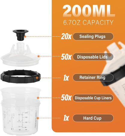 Disposable Paint Spary Gun Cups(200ML/6.7OZ), Spray Paint Cup Kit with 50 Cup Liners, 50 Lids, 20 Sealing Plugs, 1 Retainer Ring, 1 Hard Cup for Automotive Paint Gun