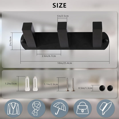 NINETREX Coat Rack Wall Mounted, Black Metal Coat Rack with 3 Coat Hooks Heavy Duty Coat Hanger Hooks Bag Hat Towel Rack for Entryway, Bathroom, Bedroom, Kitchen, and Hallway(Black,Square)