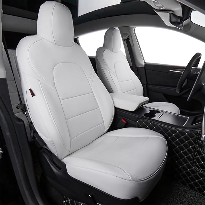 EKR Model Y Seat Covers for Tesla Model Y 2021 2022 2023 2024 Long Range (Only for 7 Seats),Waterproof Seat Protectors,Car Seat Cover Full Set,Faux Leather (White)