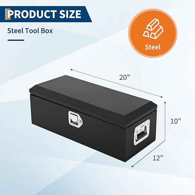 OUTLANE 20x12 Inch Truck Bed Tool Box, Heavy Duty Steel Lockable Storage Chest with Keys & Side Handle, Weatherproof Organizer Box for Pickup Trucks, RV, Trailer