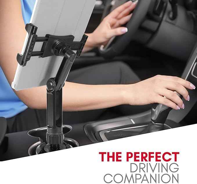 Macally Cup Holder Tablet Mount - Heavy Duty iPad Cup Holder Car Mount Stand or Tablet Holder for Car, Truck, and Vehicle - Fits Devices 3.5" - 8” Wide with Case - Adjustable iPad Holder for Car