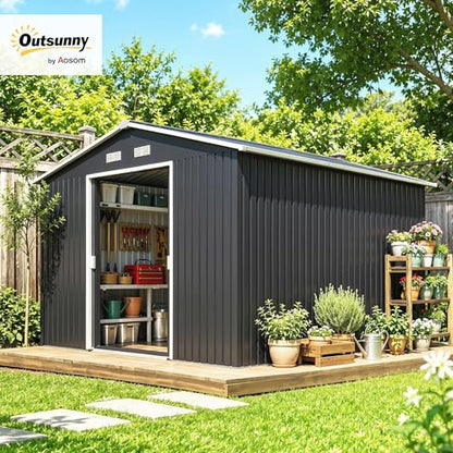 11' x 9' Outdoor Storage Shed Garden Tool Metal Shed Dark Gray