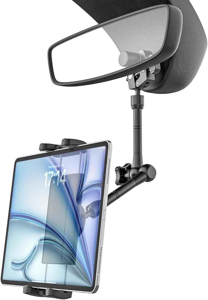 Tablet Mount for Car, Car Rear View Mirror Tablet Phone Holder, [Metal Adjustable Arm] Truck Rearview Mirror Clip for iPad Pro Air Mini, Galaxy Tab, iPhone 16 and 4.7-12.9" Devices
