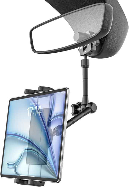 Tablet Mount for Car, Car Rear View Mirror Tablet Phone Holder, [Metal Adjustable Arm] Truck Rearview Mirror Clip for iPad Pro Air Mini, Galaxy Tab, iPhone 16 and 4.7-12.9" Devices