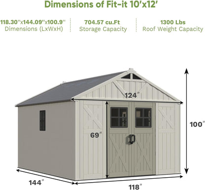 Patiowell 10x12 FT Outdoor Storage Shed with Floor and Lockable Door, All Weather Plastic Shed Garden Shed with Skylight and Multiple Windows for Backyard, Patio, Lawn, Beige