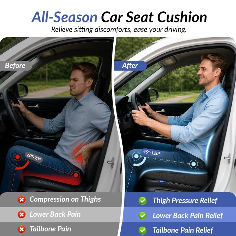 Wedge Car Seat Cushion for Tailbone Pain Relief & Better Visibility