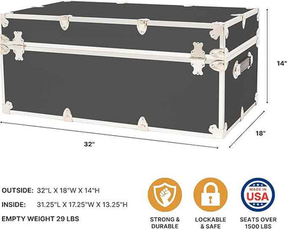 Rhino Trunk & Case Large Armor Camp Trunk with Removeable Wheels - Secure Dorm Storage Chest, Ideal Summer Camper Footlocker, Strong College Trunks - Seats 1000+ Pounds - 32"x18"x14" (Slate)