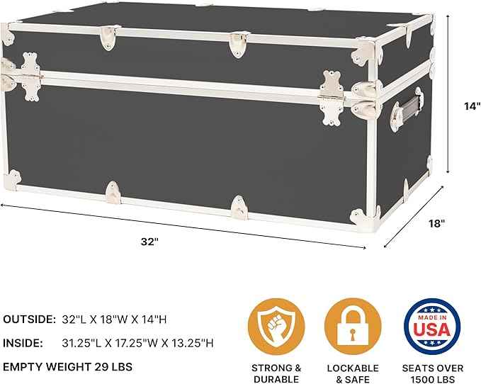 Rhino Trunk & Case Large Armor Camp Trunk - Secure Dorm Storage Chest - Ideal Summer Camp Footlocker - Strong College Trunks Made In The USA - 1000+ Pounds Sitting Capacity 32"x18"x14" (Slate)