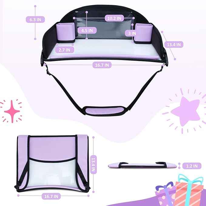Kids Travel Tray for Toddler Carseat, Road Trip Activities Essentials for Toddler, Kids Lap Desk Tray with Tablet Holder Stand ＆ Dry Erase Board (Purple)