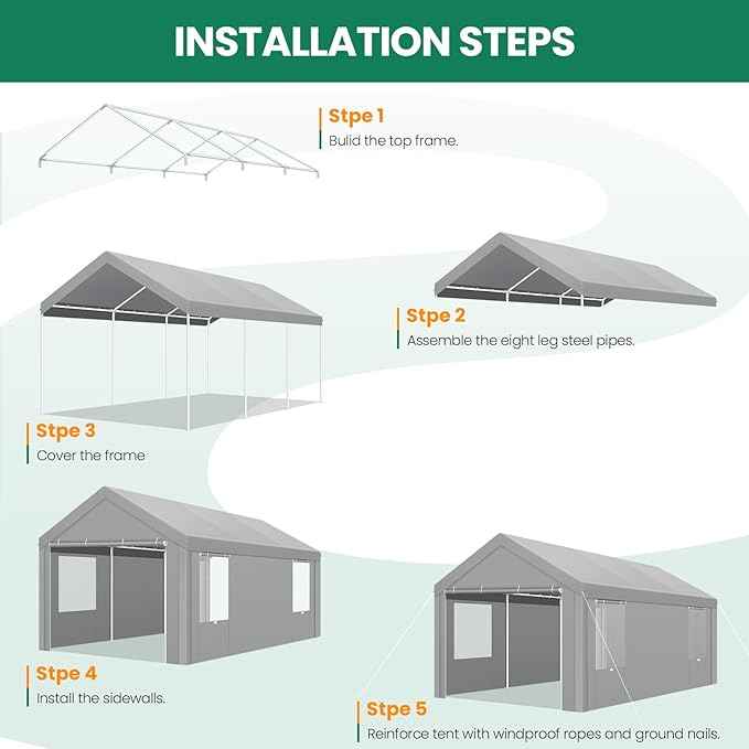 COBIZI 10x20 FT Heavy Duty Carport with Galvanized Frame, Carport Canopy with Roll-up Windows, Storage Tent with Removable Sidewalls & Doors, Built-in Sandbags for Car Boat Truck, Gray