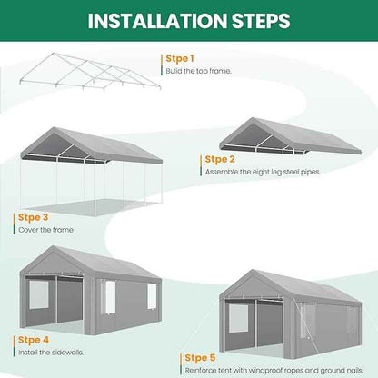 COBIZI 10x20 FT Heavy Duty Carport with Galvanized Frame, Carport Canopy with Roll-up Windows, Storage Tent with Removable Sidewalls & Doors, Built-in Sandbags for Car Boat Truck, Gray