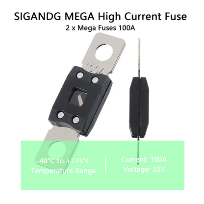100A MEGA High Current Fuse - 100 Amp Bolt-on Fuse for Cars, Trucks, Construction Vehicles, Buses, Caravans (2 Pcs)
