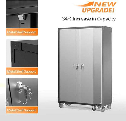 VINGLI Upgraded Wide & Deep Garage Storage Cabinet, Metal Storage Cabinet with Pegboards, Wheels, Locking Doors and Adjustable Shelves (Black & Silver, 43''W x 20''D x 72''H)