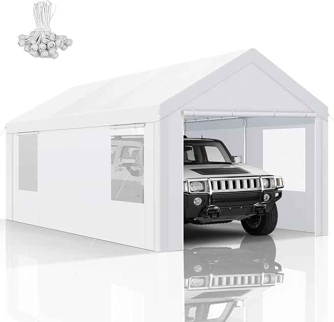 COBIZI 10x20 FT Heavy Duty Carport with Galvanized Frame, Carport Canopy with Roll-up Windows, Storage Tent with Removable Sidewalls & Doors, Built-in Sandbags for Car Boat Truck, White