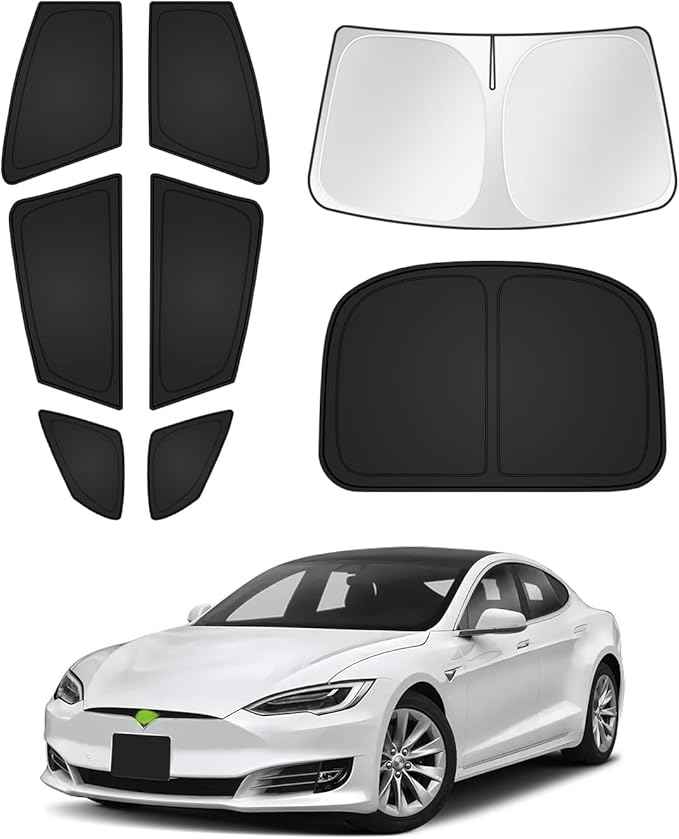 Sunshades for Tesla Model S 2012-2025 2026 (Not for Model S Plaid/Long Range) Windshield Sun Shade Side Rear Window Shade Cover Sun Visor Shield Privacy Protection Keep Vehicle Cool Black 8PCS