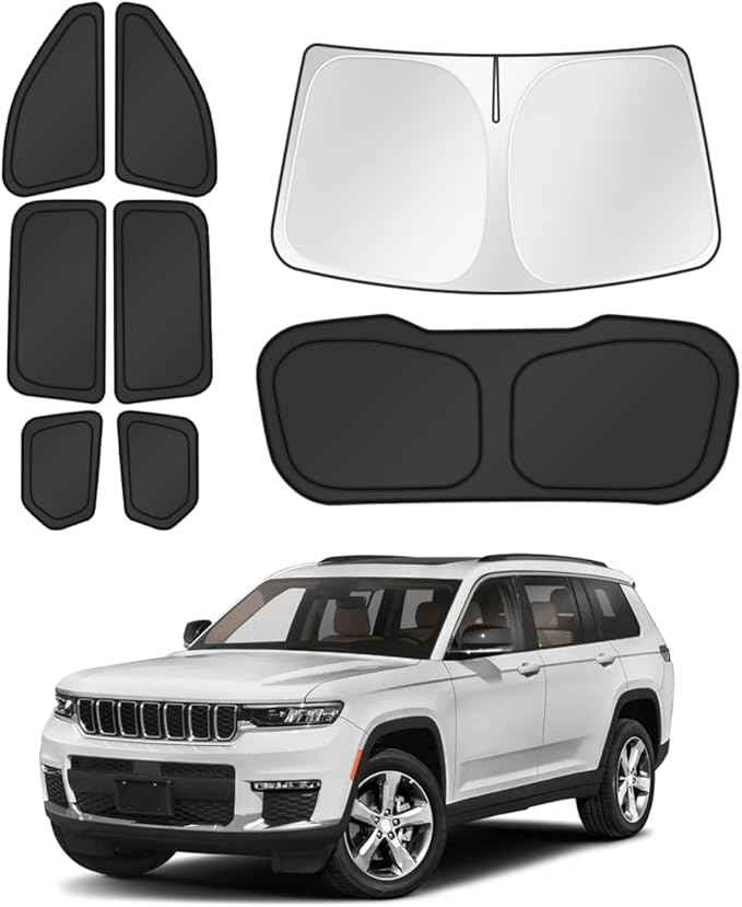 Window Shades for 2021-2025 2026 Jeep Grand Cherokee L Accessories Windshield Sun Shade Side Rear Window Cover Sunshade Sun Visor Shield Privacy Protection for Camping Keep Car Cool Black 8PCS