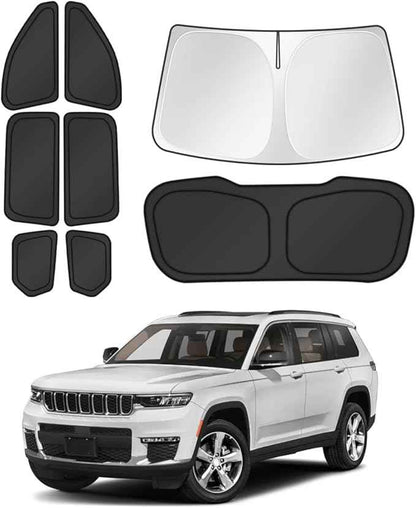 Window Shades for 2021-2025 2026 Jeep Grand Cherokee L Accessories Windshield Sun Shade Side Rear Window Cover Sunshade Sun Visor Shield Privacy Protection for Camping Keep Car Cool Black 8PCS
