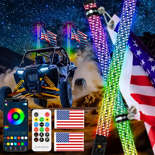 2PCS 3FT RGB Whip Lights for UTV ATV Brighter Spiral Chasing Lighted Antenna Whip for Side by Side with APP and Remote Control for Jeep Off (2 Count)