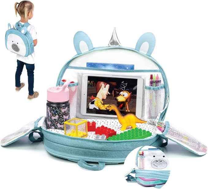 Lulyboo Unicorn Toddler Car Seat Tray & Backpack | Kids Travel Lap Desk with Writing Surface, Built-in Cup Holder, 8 Pockets, Tablet Holder, Waterproof & Portable for Car, Airplane, and On-the-Go